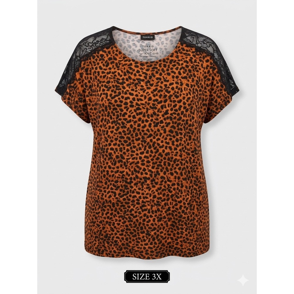 Torrid Leopard Print Knit Top Women 3X Brown Black Lace Shoulder Mob Wife SS